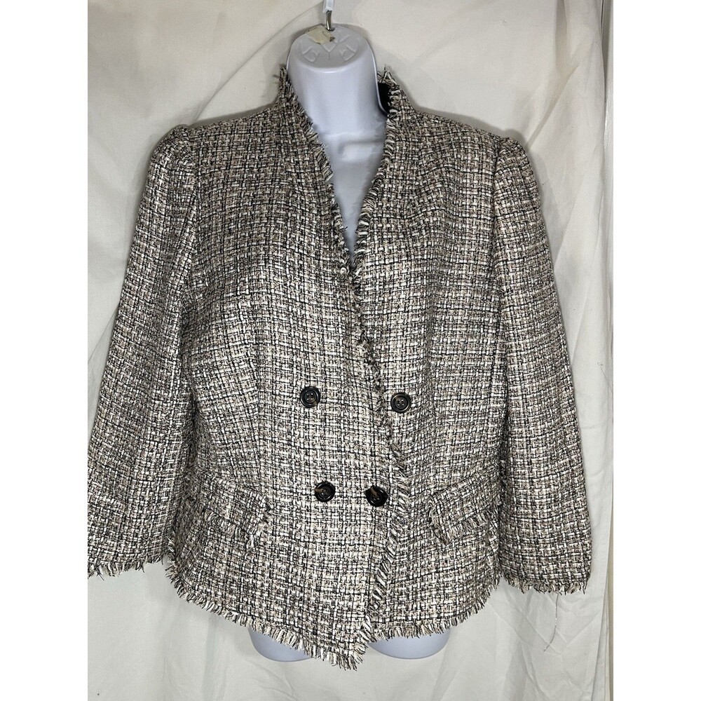Ann Taylor Tweed Blazer Jacket NWT Size 14 Fringe Trim Double Breasted Neutral
